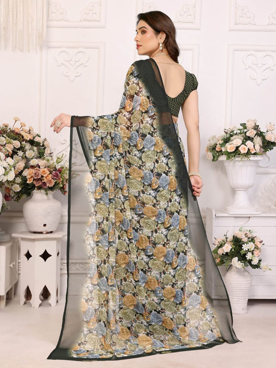Elegant Black Floral Printed Chiffon Saree with Stylish Border – Party & Festive Wear