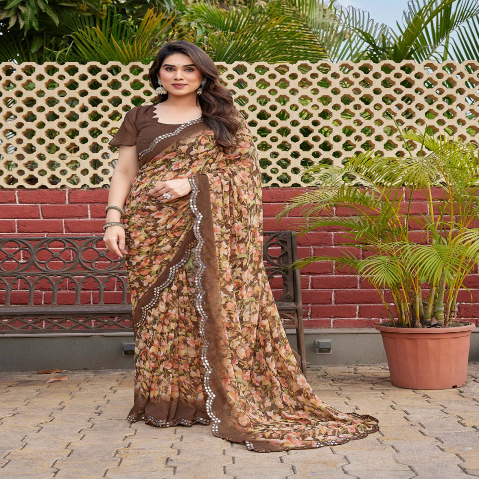 Elegant Brown Floral Printed Chiffon Saree with Designer Border – Stylish Party & Festive Wear
