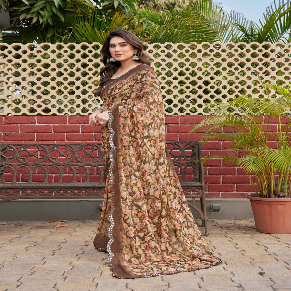 Elegant Brown Floral Printed Chiffon Saree with Designer Border – Stylish Party & Festive Wear