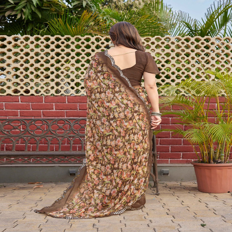 Elegant Brown Floral Printed Chiffon Saree with Designer Border – Stylish Party & Festive Wear