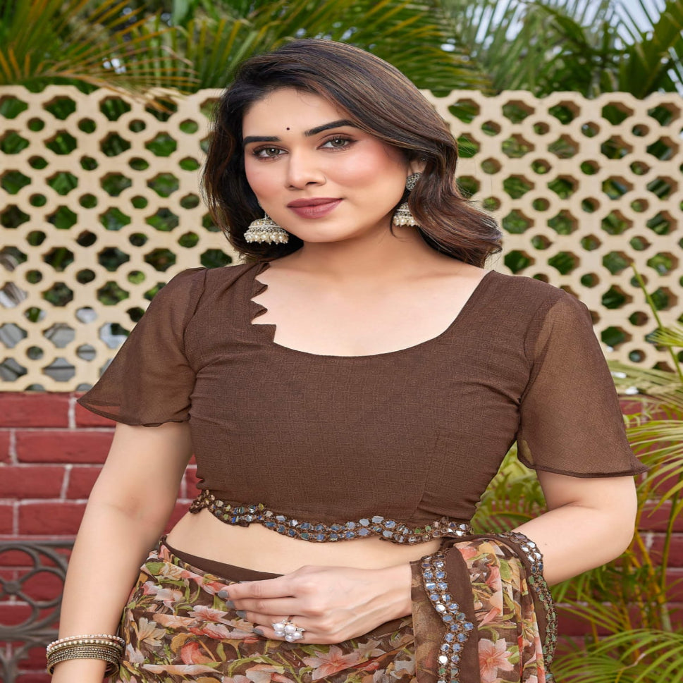 Elegant Brown Floral Printed Chiffon Saree with Designer Border – Stylish Party & Festive Wear