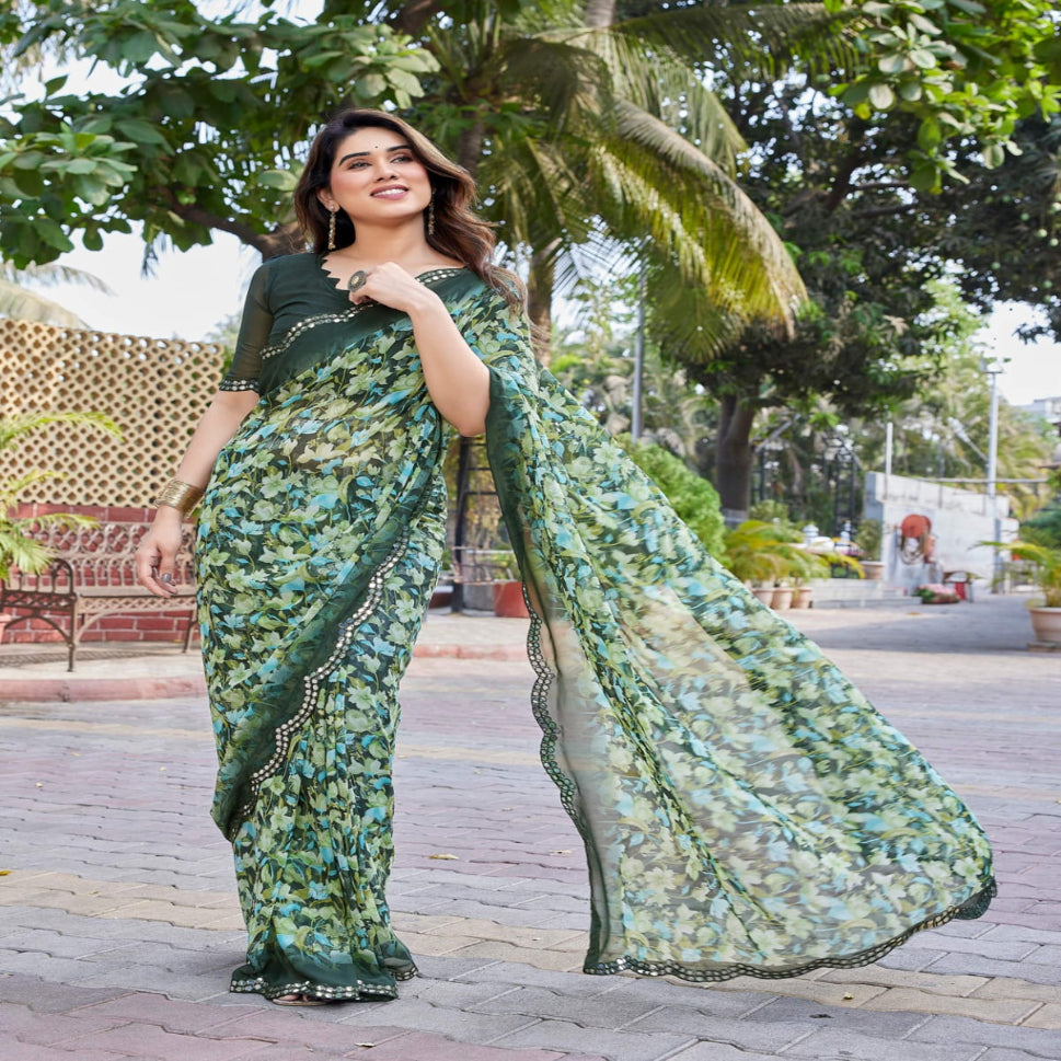 Elegant Brown Floral Printed Chiffon Saree with Designer Border – Stylish Party & Festive Wear
