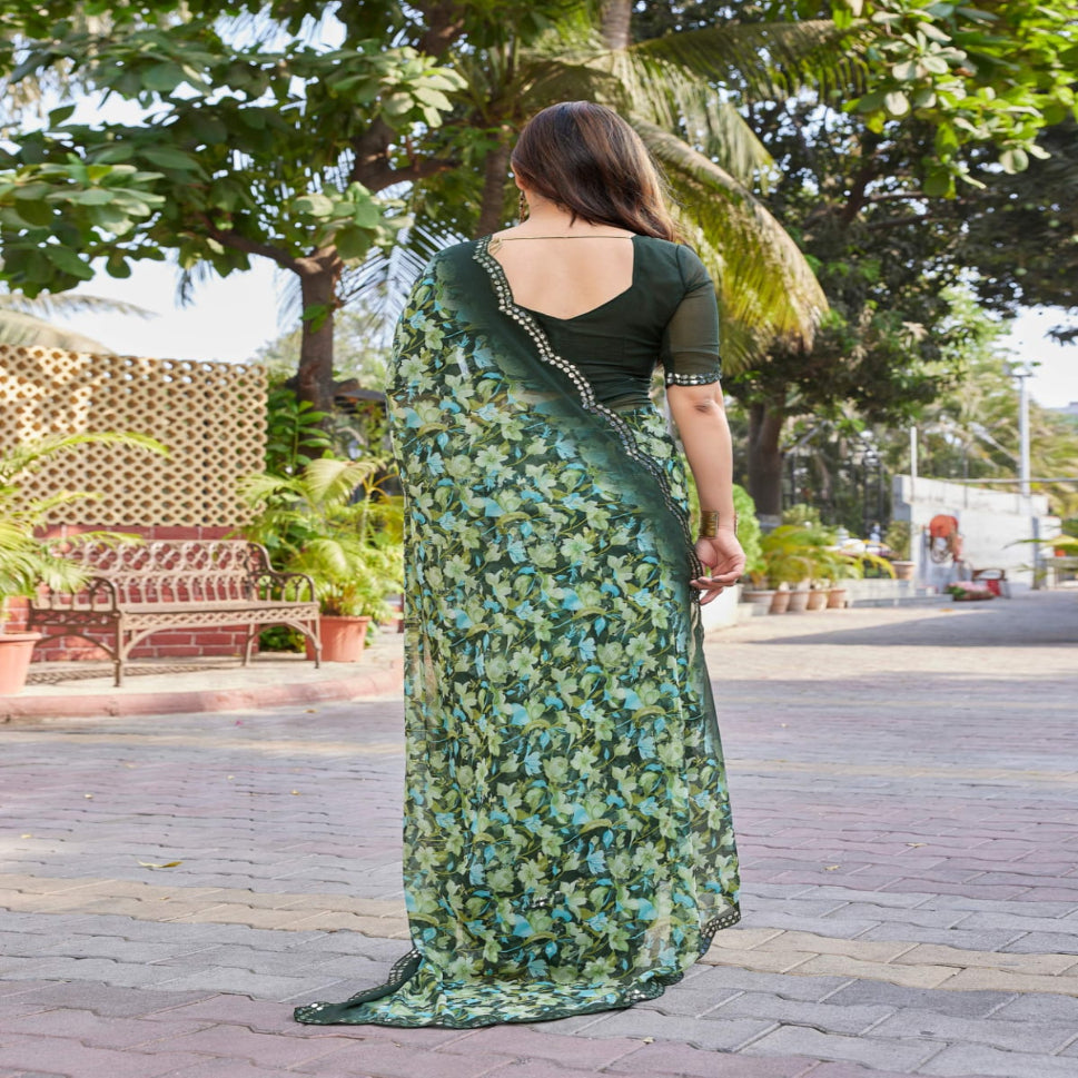 Elegant Brown Floral Printed Chiffon Saree with Designer Border – Stylish Party & Festive Wear