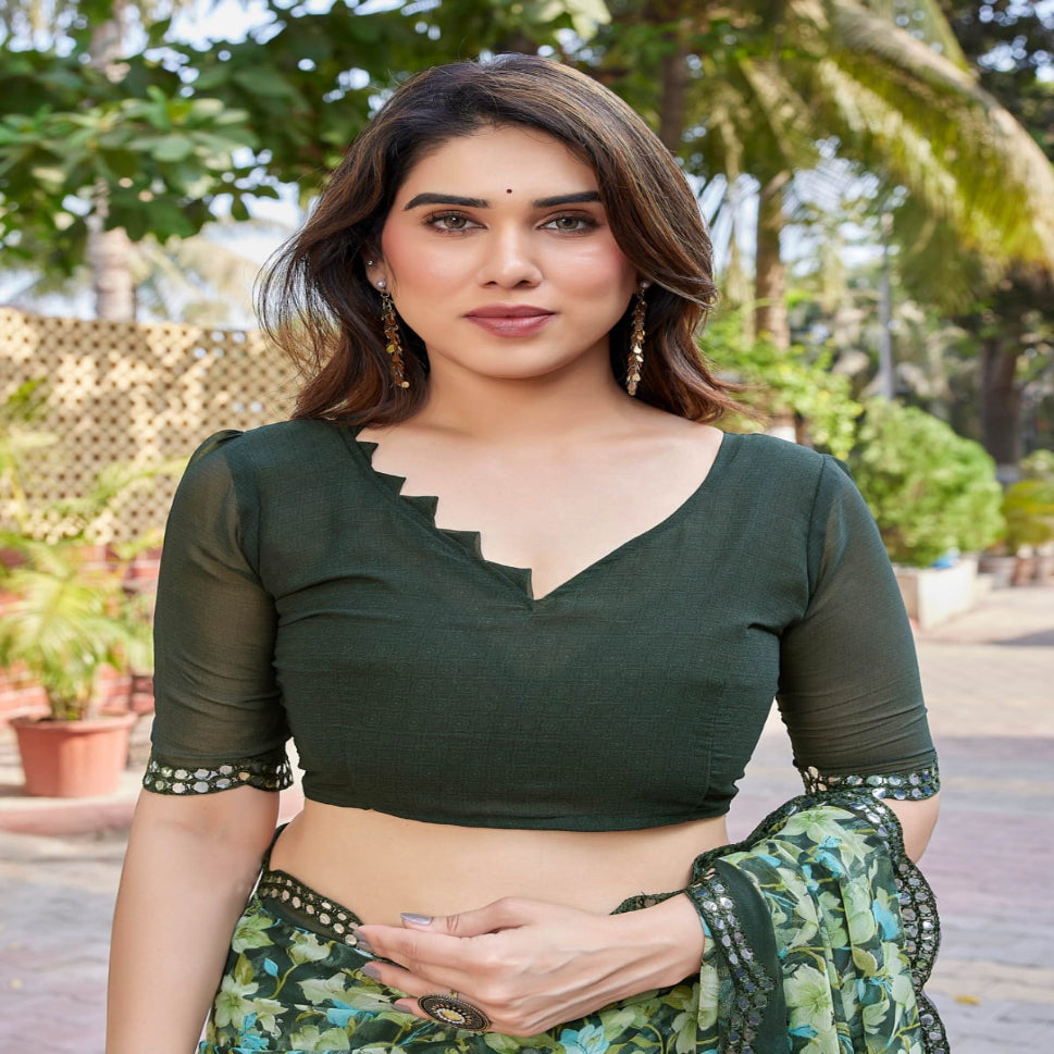 Elegant Brown Floral Printed Chiffon Saree with Designer Border – Stylish Party & Festive Wear