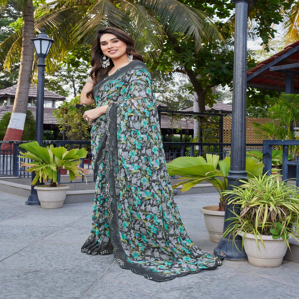 Elegant Brown Floral Printed Chiffon Saree with Designer Border – Stylish Party & Festive Wear