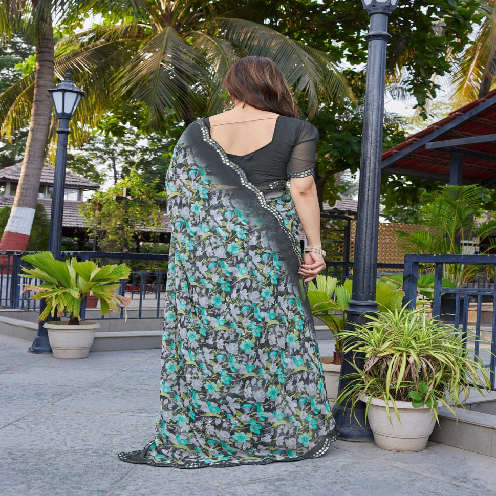 Elegant Brown Floral Printed Chiffon Saree with Designer Border – Stylish Party & Festive Wear