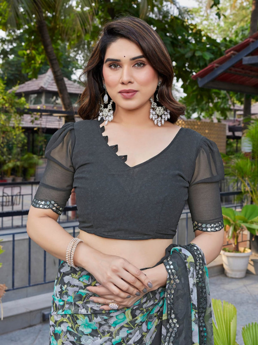 Elegant Brown Floral Printed Chiffon Saree with Designer Border – Stylish Party & Festive Wear