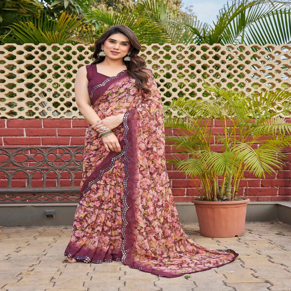 Elegant Brown Floral Printed Chiffon Saree with Designer Border – Stylish Party & Festive Wear