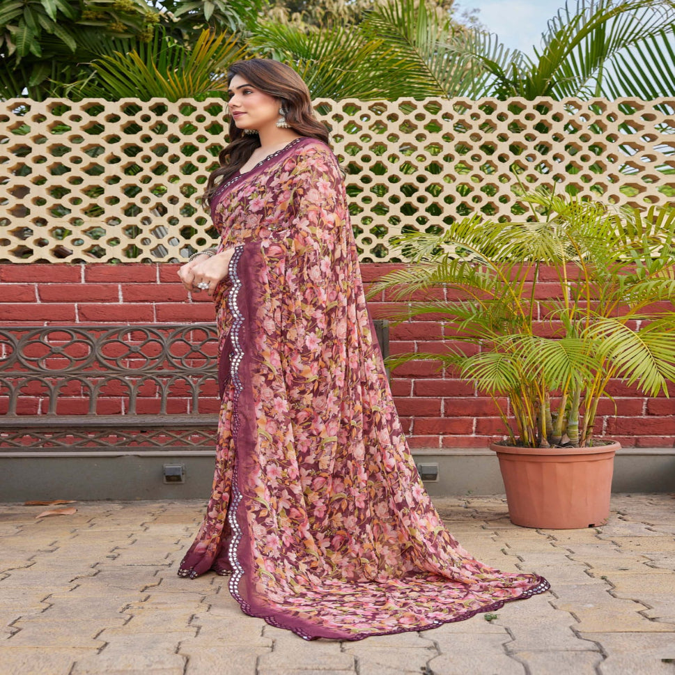 Elegant Brown Floral Printed Chiffon Saree with Designer Border – Stylish Party & Festive Wear