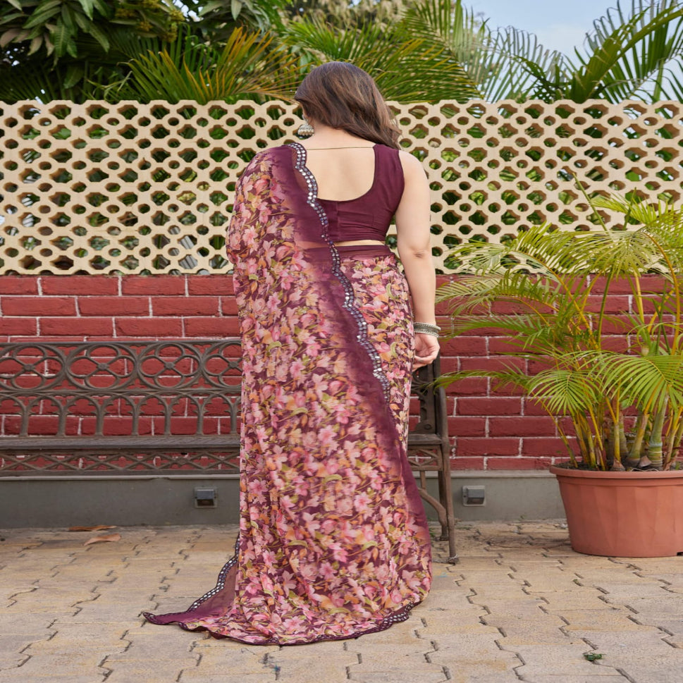 Elegant Brown Floral Printed Chiffon Saree with Designer Border – Stylish Party & Festive Wear