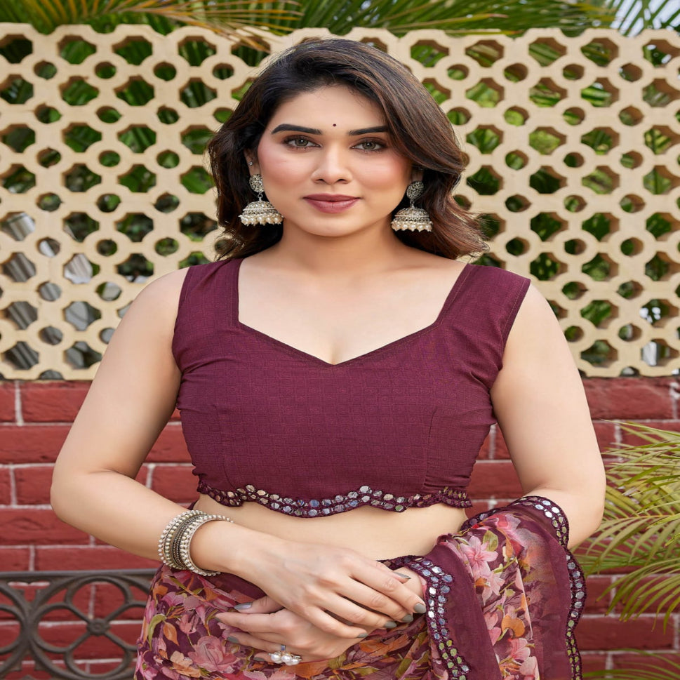 Elegant Brown Floral Printed Chiffon Saree with Designer Border – Stylish Party & Festive Wear