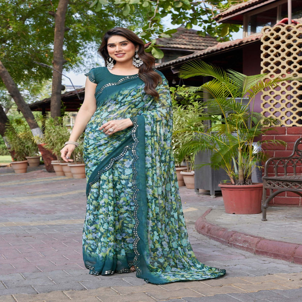 Elegant Brown Floral Printed Chiffon Saree with Designer Border – Stylish Party & Festive Wear