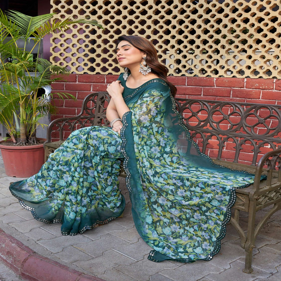 Elegant Brown Floral Printed Chiffon Saree with Designer Border – Stylish Party & Festive Wear