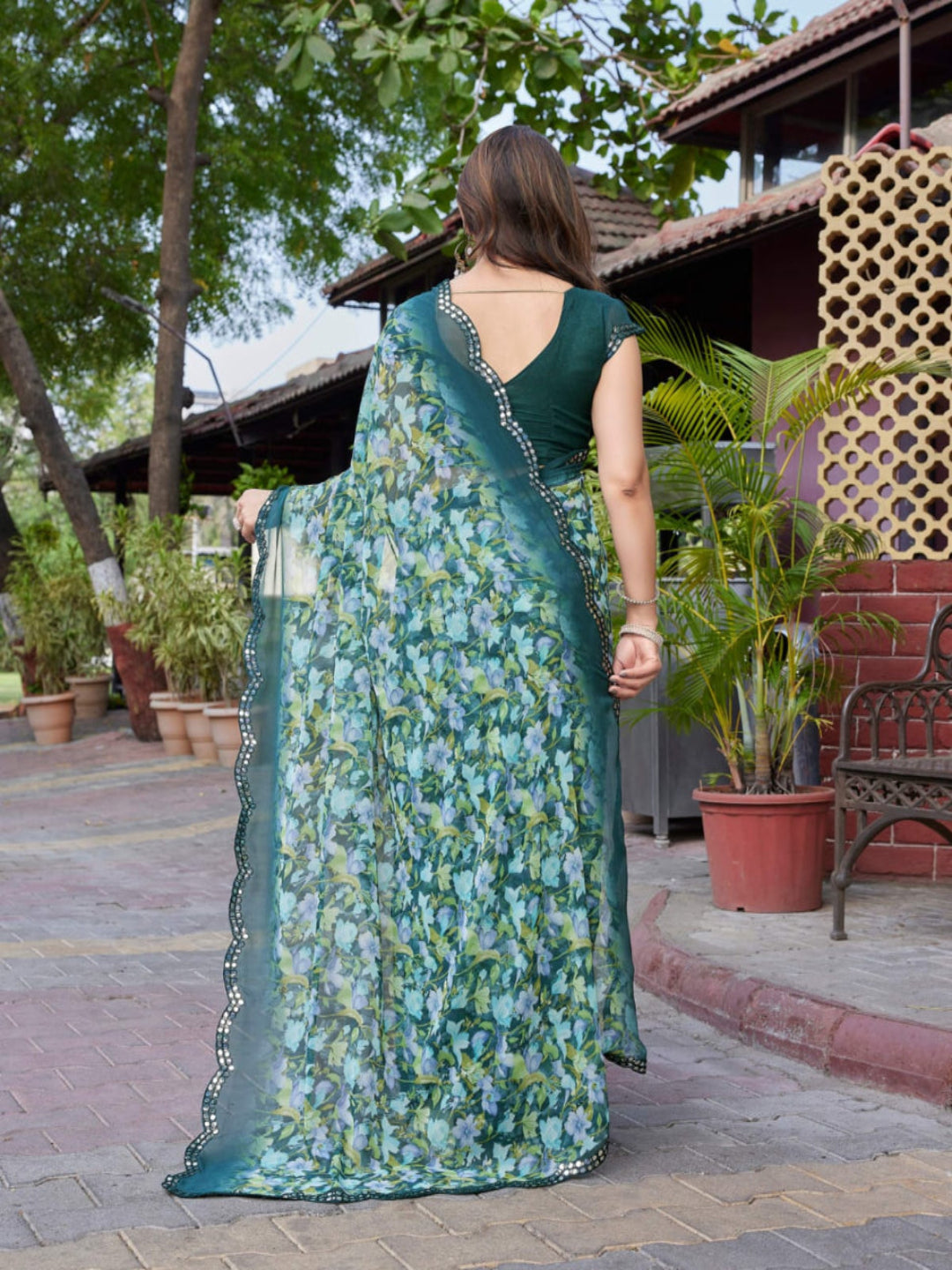Elegant Brown Floral Printed Chiffon Saree with Designer Border – Stylish Party & Festive Wear