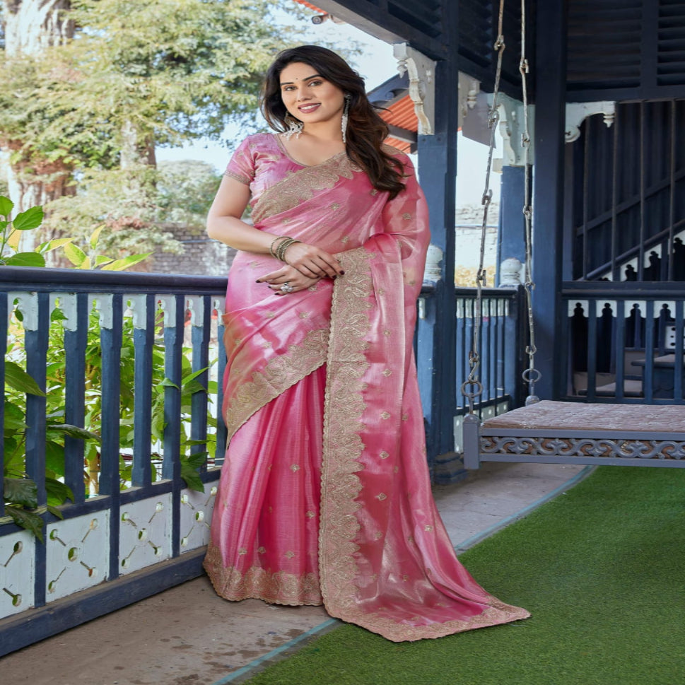 Elegant Embroidered Saree with Silver Designer Border – Party & Festive Wear