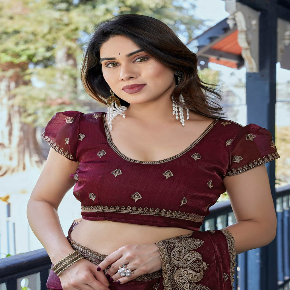 Elegant Embroidered Saree with Silver Designer Border – Party & Festive Wear