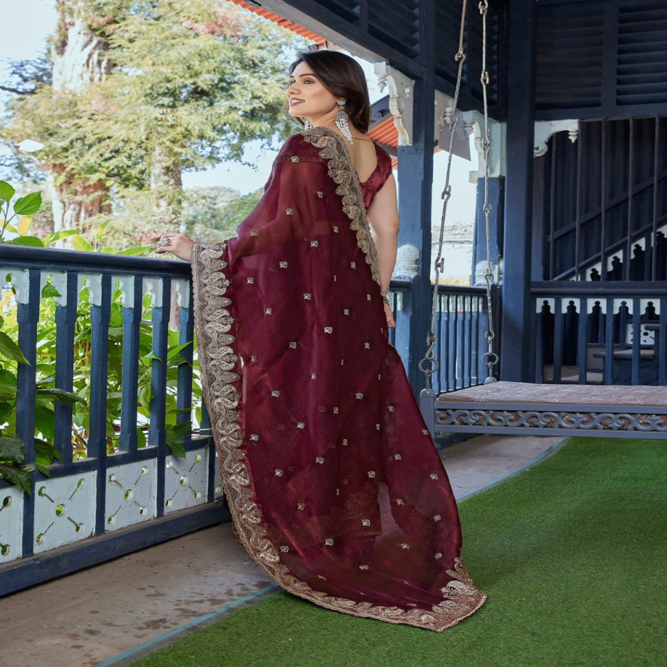Elegant Embroidered Saree with Silver Designer Border – Party & Festive Wear