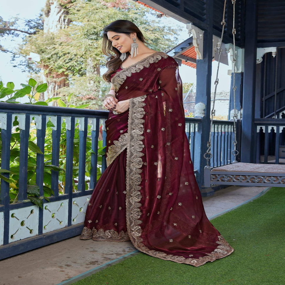 Elegant Embroidered Saree with Silver Designer Border – Party & Festive Wear