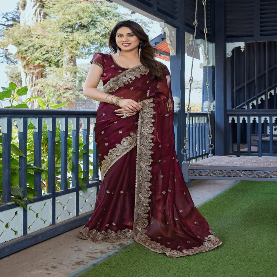 Elegant Embroidered Saree with Silver Designer Border – Party & Festive Wear