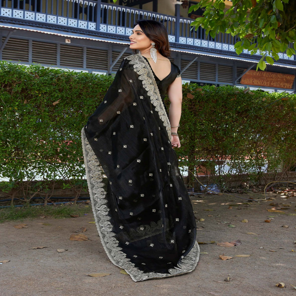 Elegant Embroidered Saree with Silver Designer Border – Party & Festive Wear