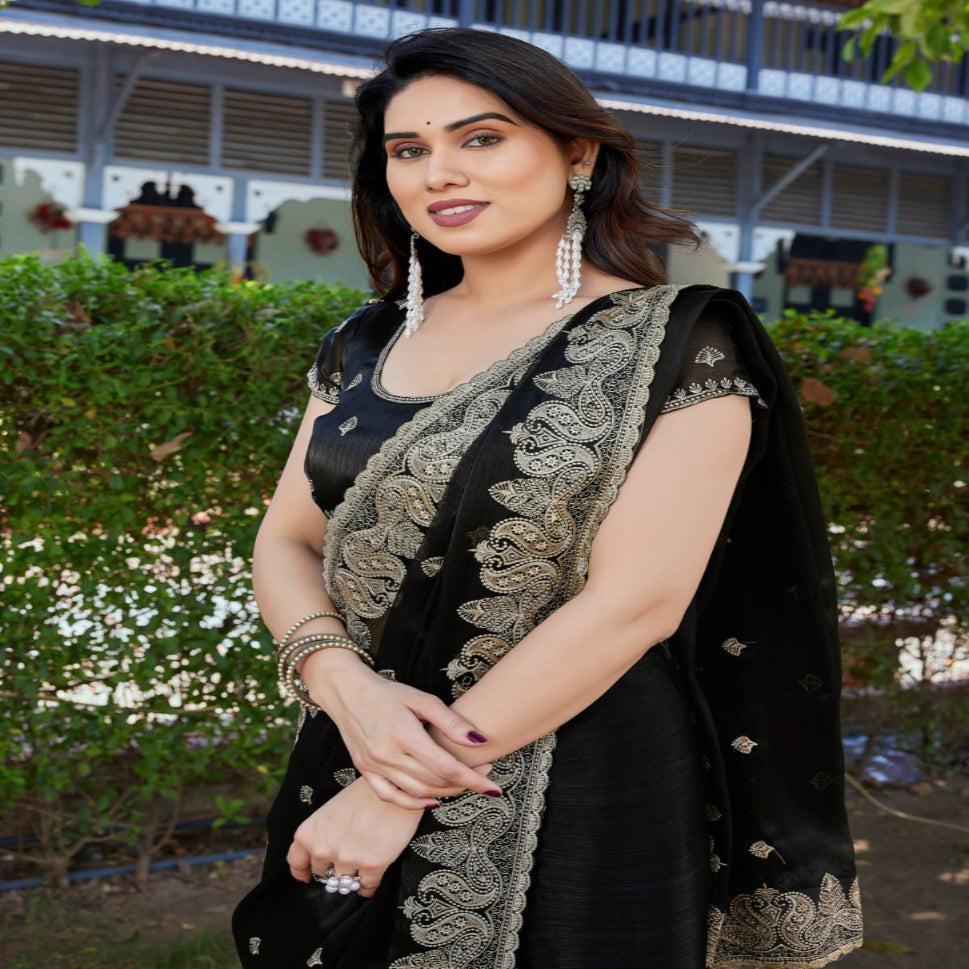 Elegant Embroidered Saree with Silver Designer Border – Party & Festive Wear