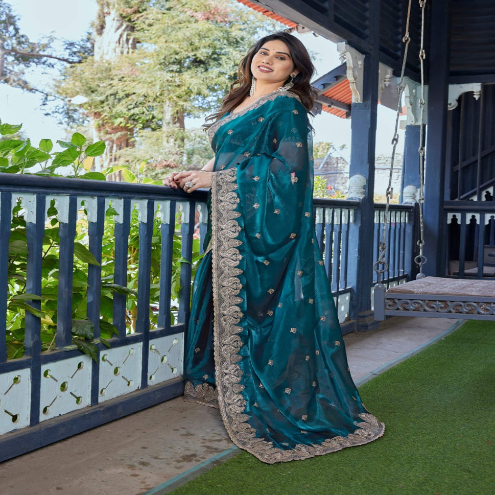 Elegant Embroidered Saree with Silver Designer Border – Party & Festive Wear