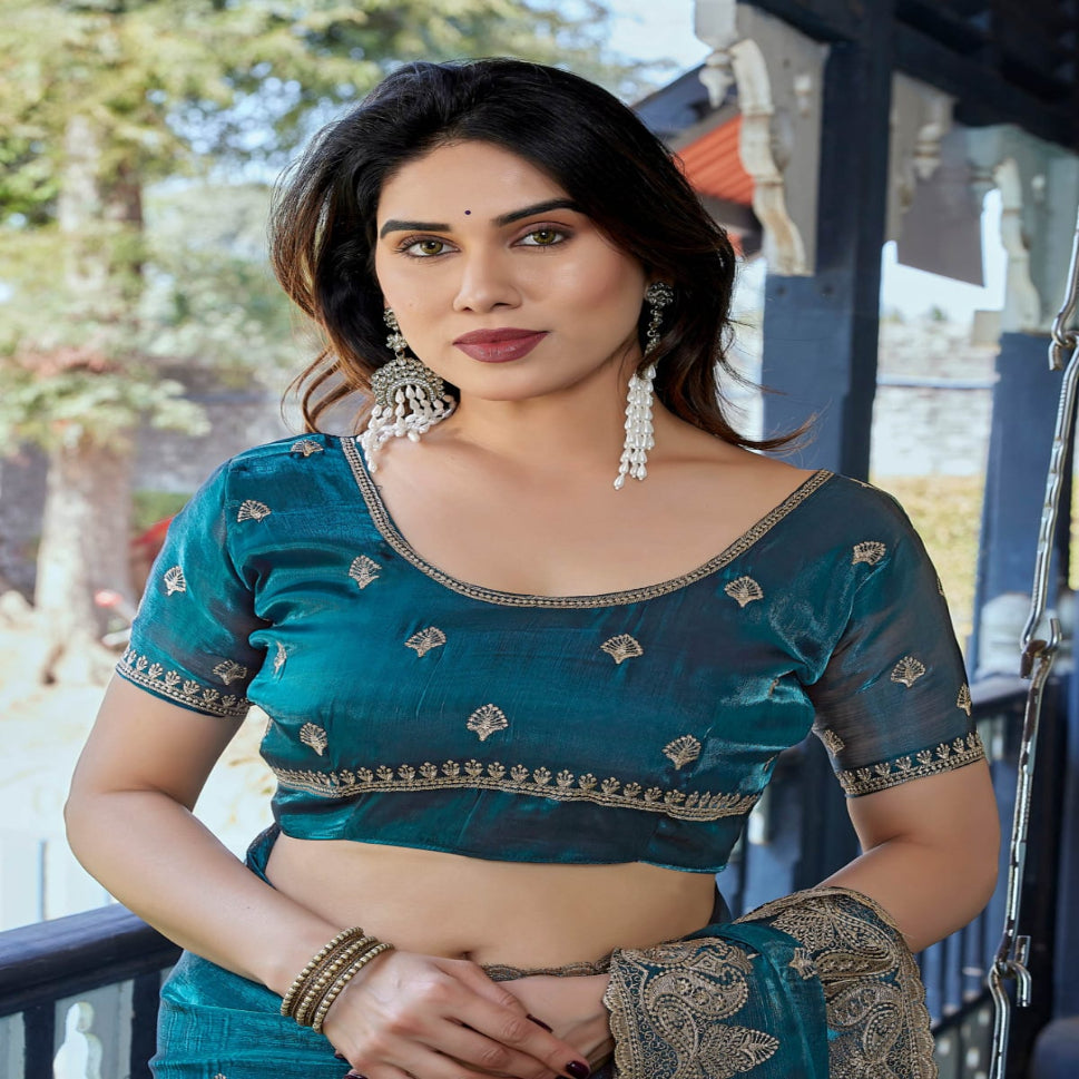 Elegant Embroidered Saree with Silver Designer Border – Party & Festive Wear