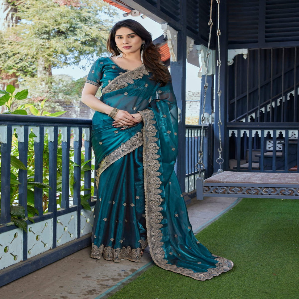 Elegant Embroidered Saree with Silver Designer Border – Party & Festive Wear