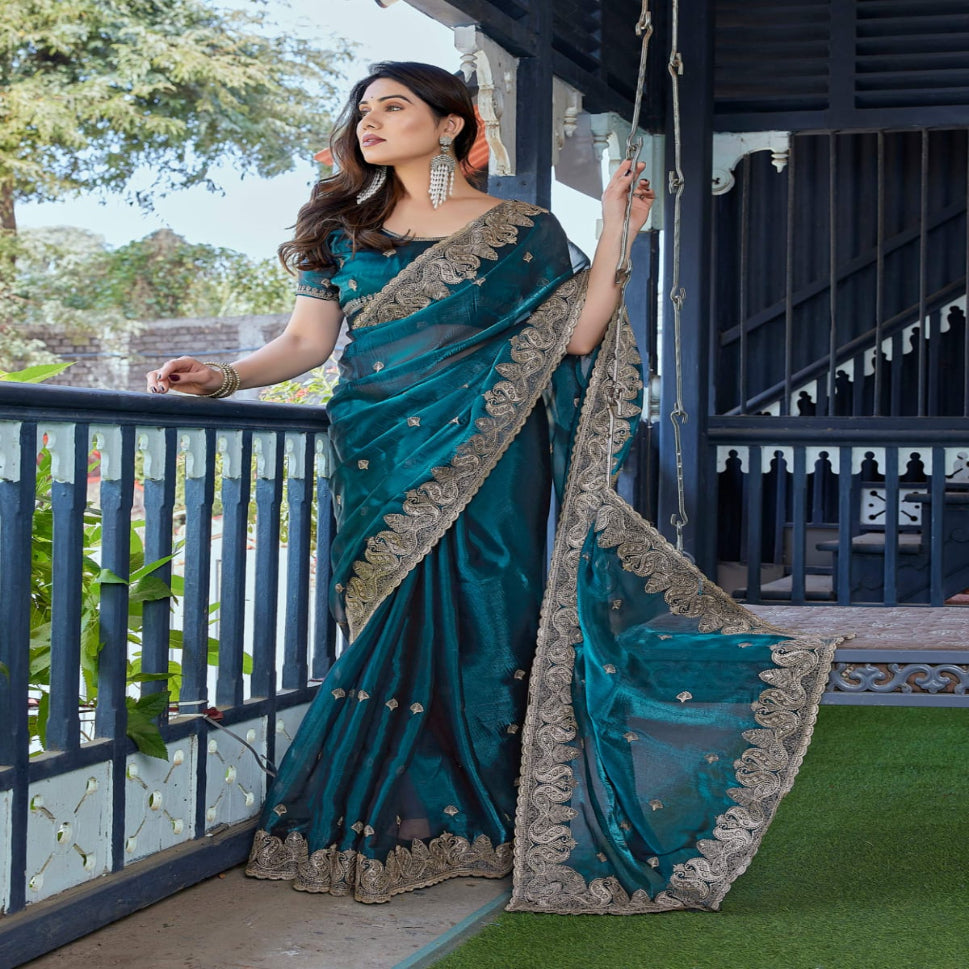 Elegant Embroidered Saree with Silver Designer Border – Party & Festive Wear
