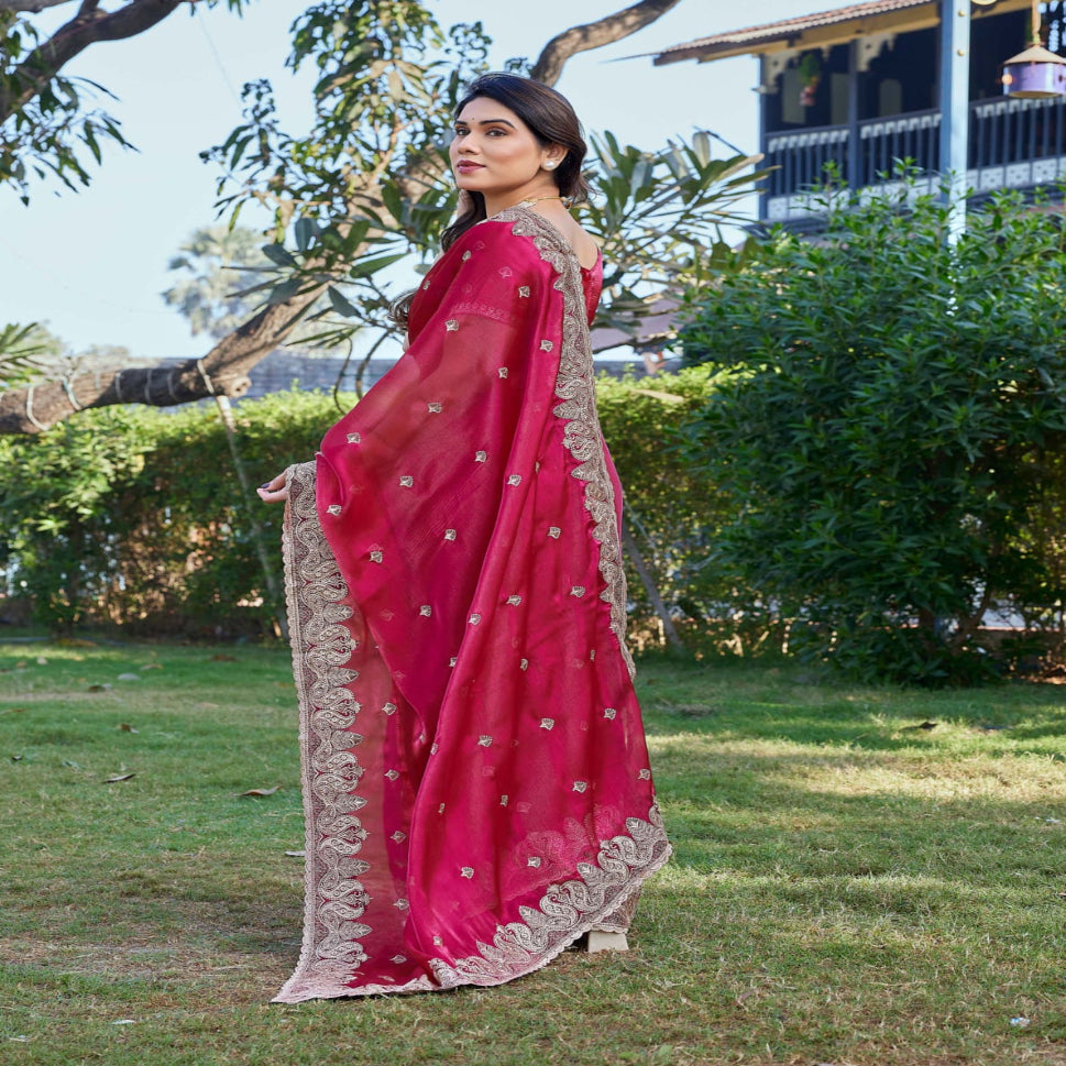 Elegant Embroidered Saree with Silver Designer Border – Party & Festive Wear