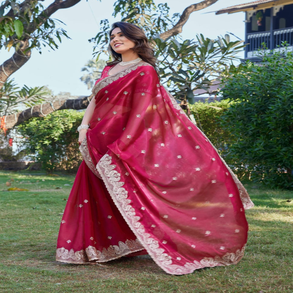 Elegant Embroidered Saree with Silver Designer Border – Party & Festive Wear