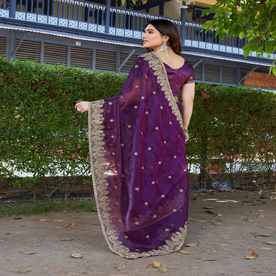 Elegant Embroidered Saree with Silver Designer Border – Party & Festive Wear