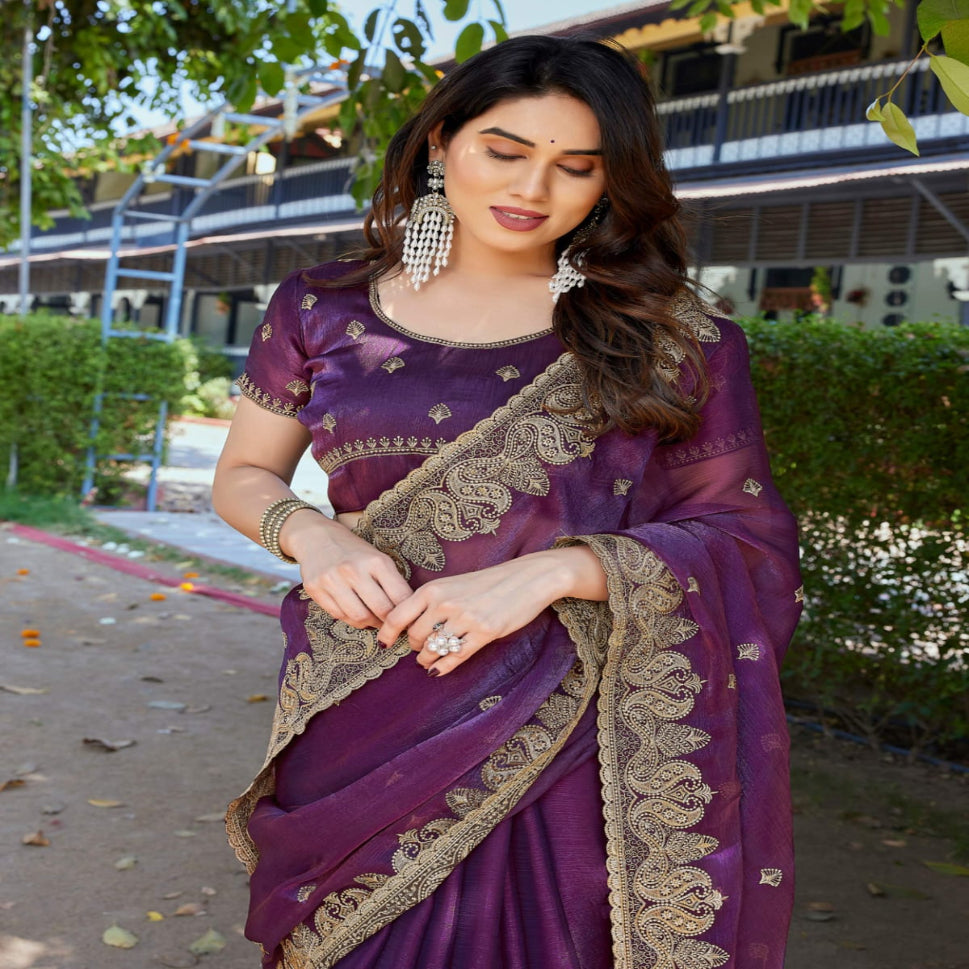 Elegant Embroidered Saree with Silver Designer Border – Party & Festive Wear