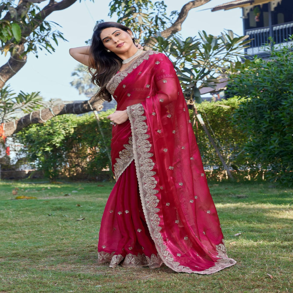Elegant Embroidered Saree with Silver Designer Border – Party & Festive Wear