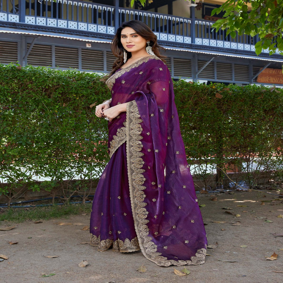 Elegant Embroidered Saree with Silver Designer Border – Party & Festive Wear