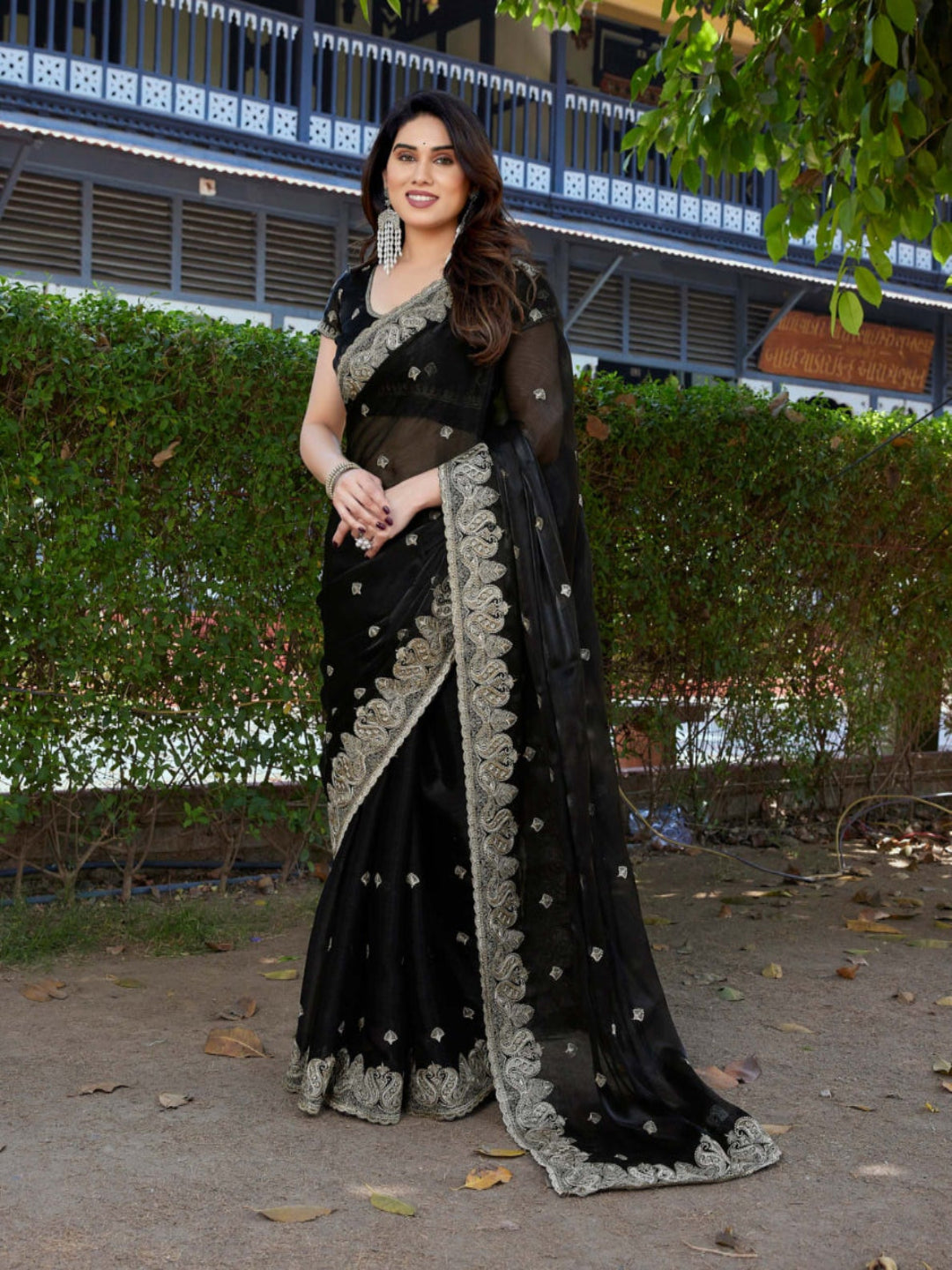 Elegant Embroidered Saree with Silver Designer Border – Party & Festive Wear