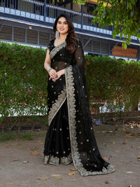 Elegant Embroidered Saree with Silver Designer Border – Party & Festive Wear