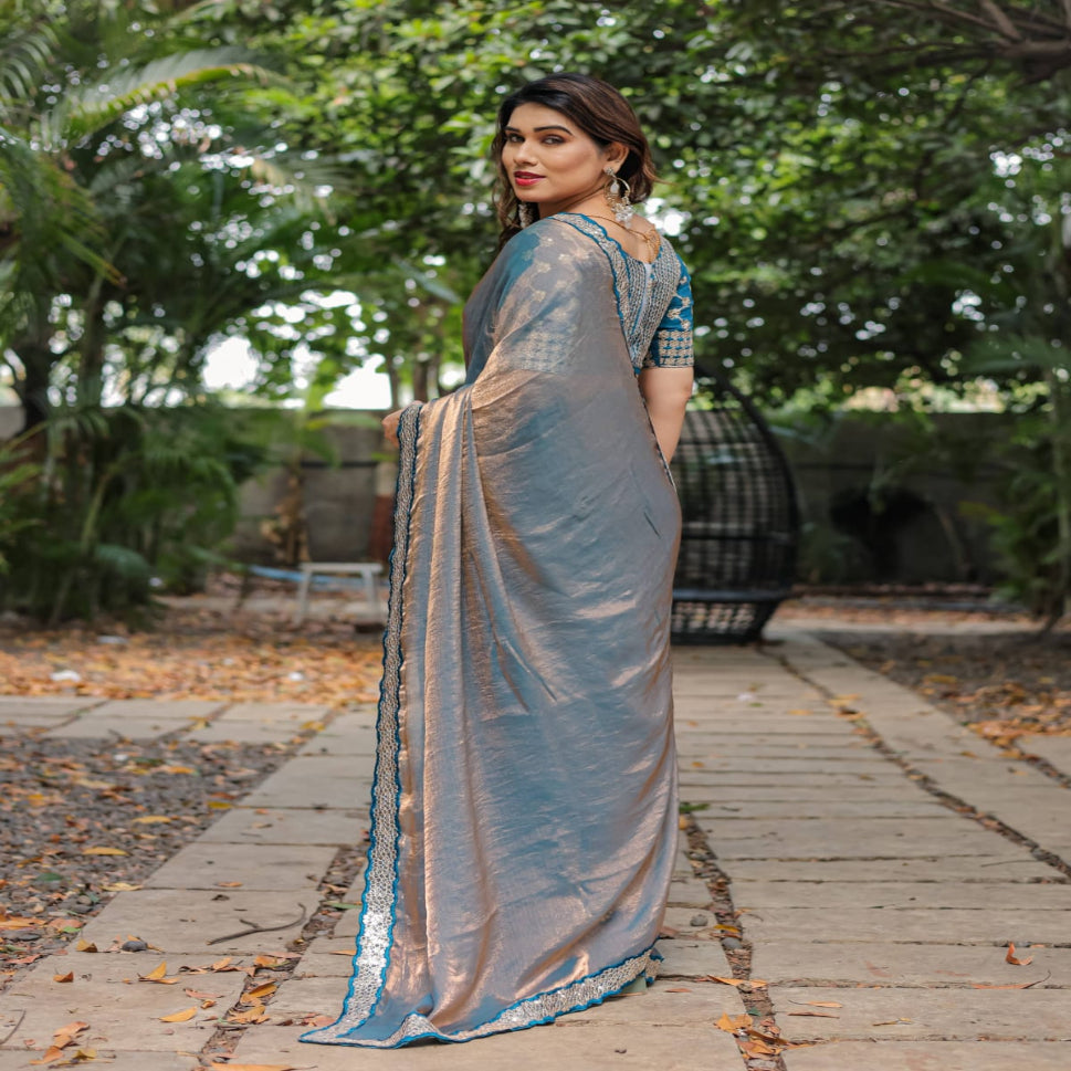 Elegant Steel Grey Saree with Teal Blue Designer Border – Party & Festive Wear