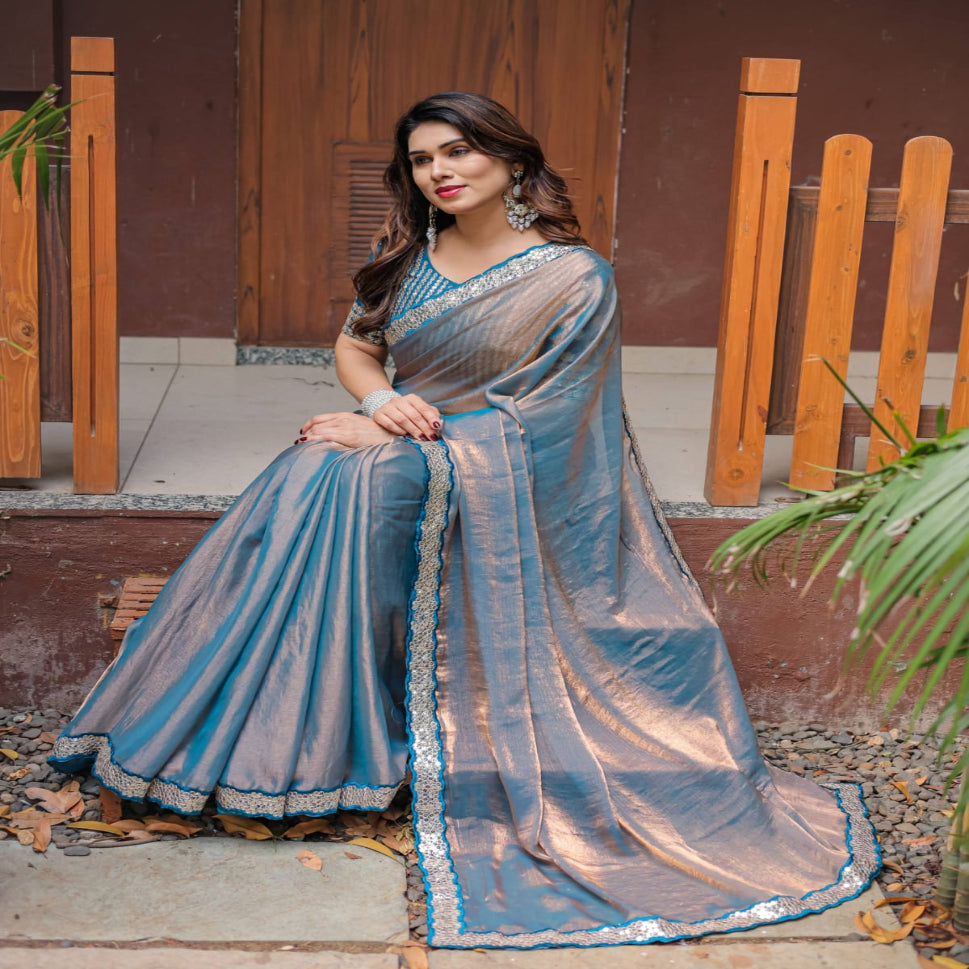 Elegant Steel Grey Saree with Teal Blue Designer Border – Party & Festive Wear