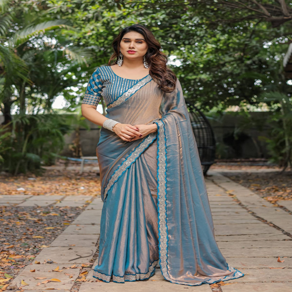 Elegant Steel Grey Saree with Teal Blue Designer Border – Party & Festive Wear