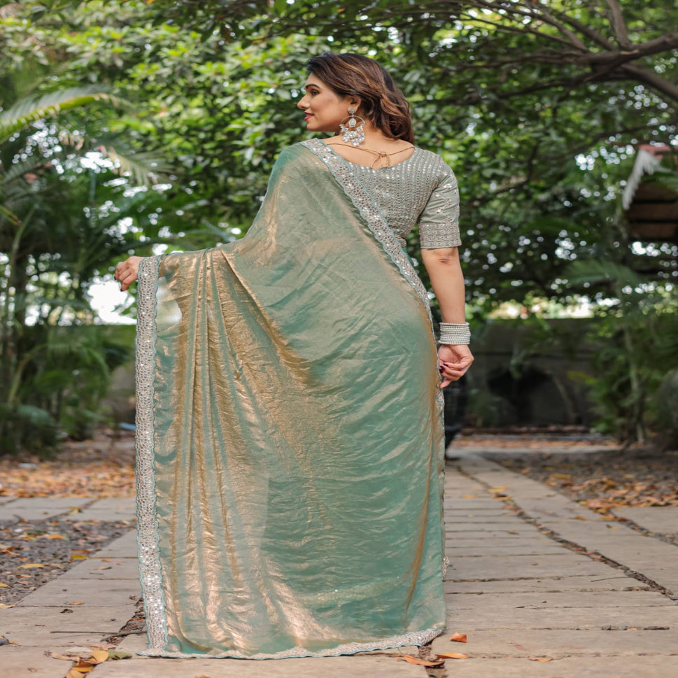 Elegant Steel Grey Saree with Teal Blue Designer Border – Party & Festive Wear