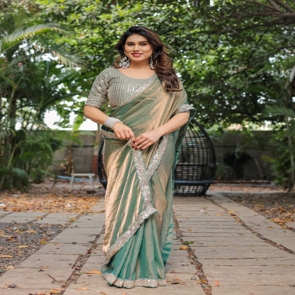 Elegant Steel Grey Saree with Teal Blue Designer Border – Party & Festive Wear