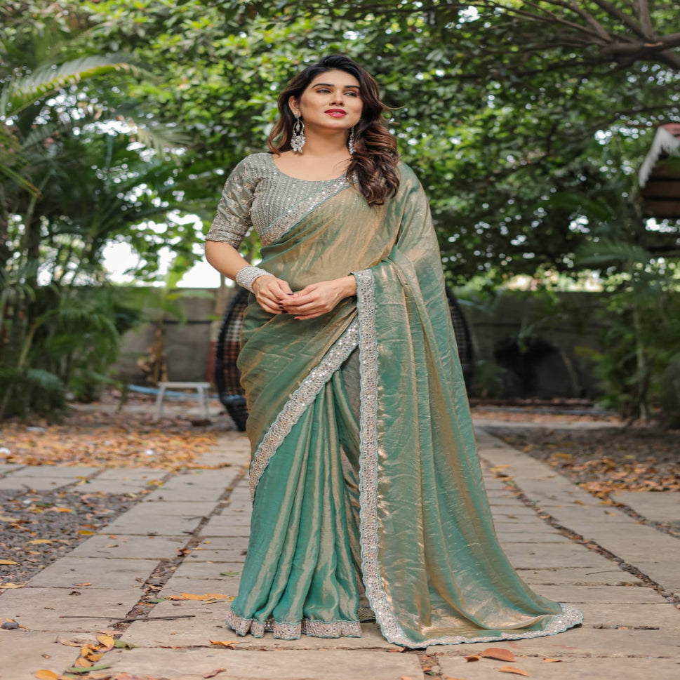 Elegant Steel Grey Saree with Teal Blue Designer Border – Party & Festive Wear