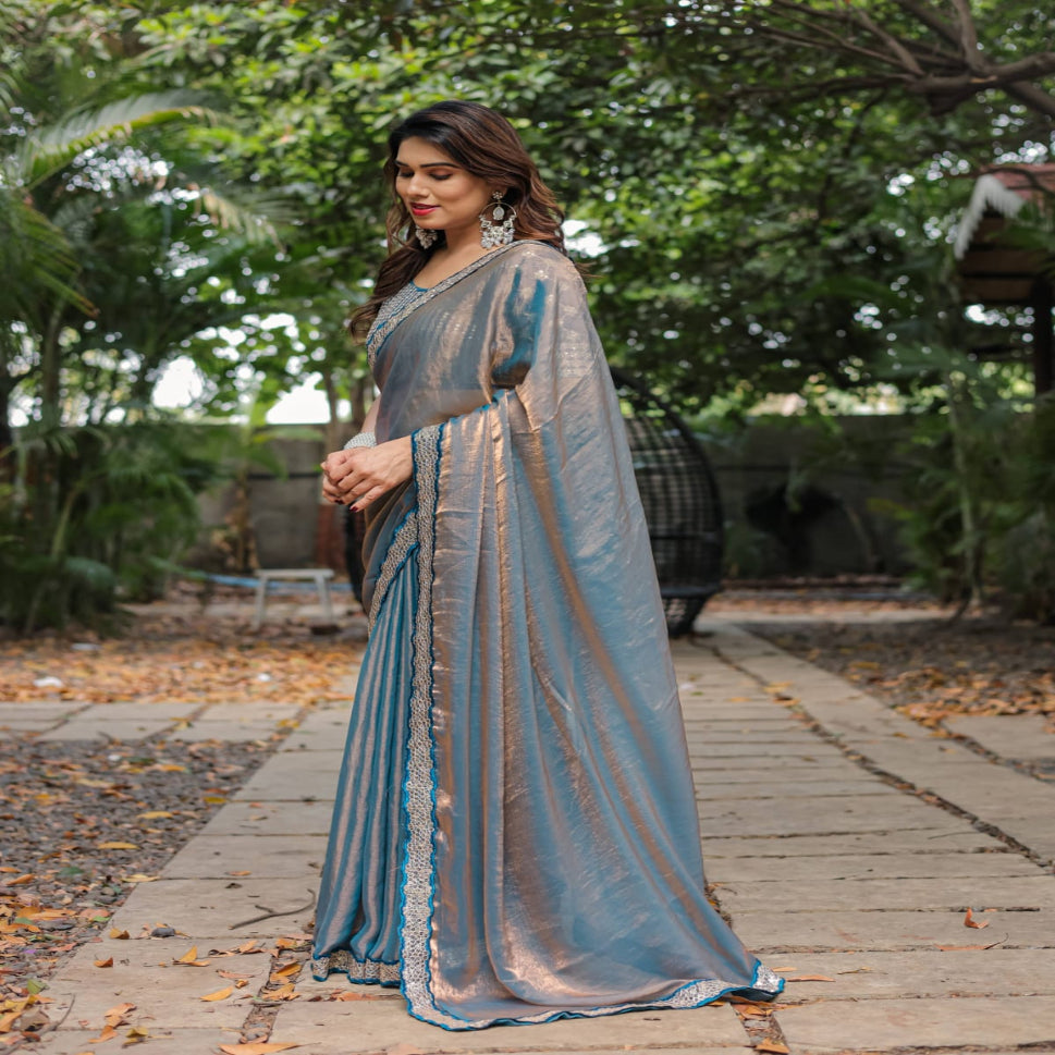 Elegant Steel Grey Saree with Teal Blue Designer Border – Party & Festive Wear