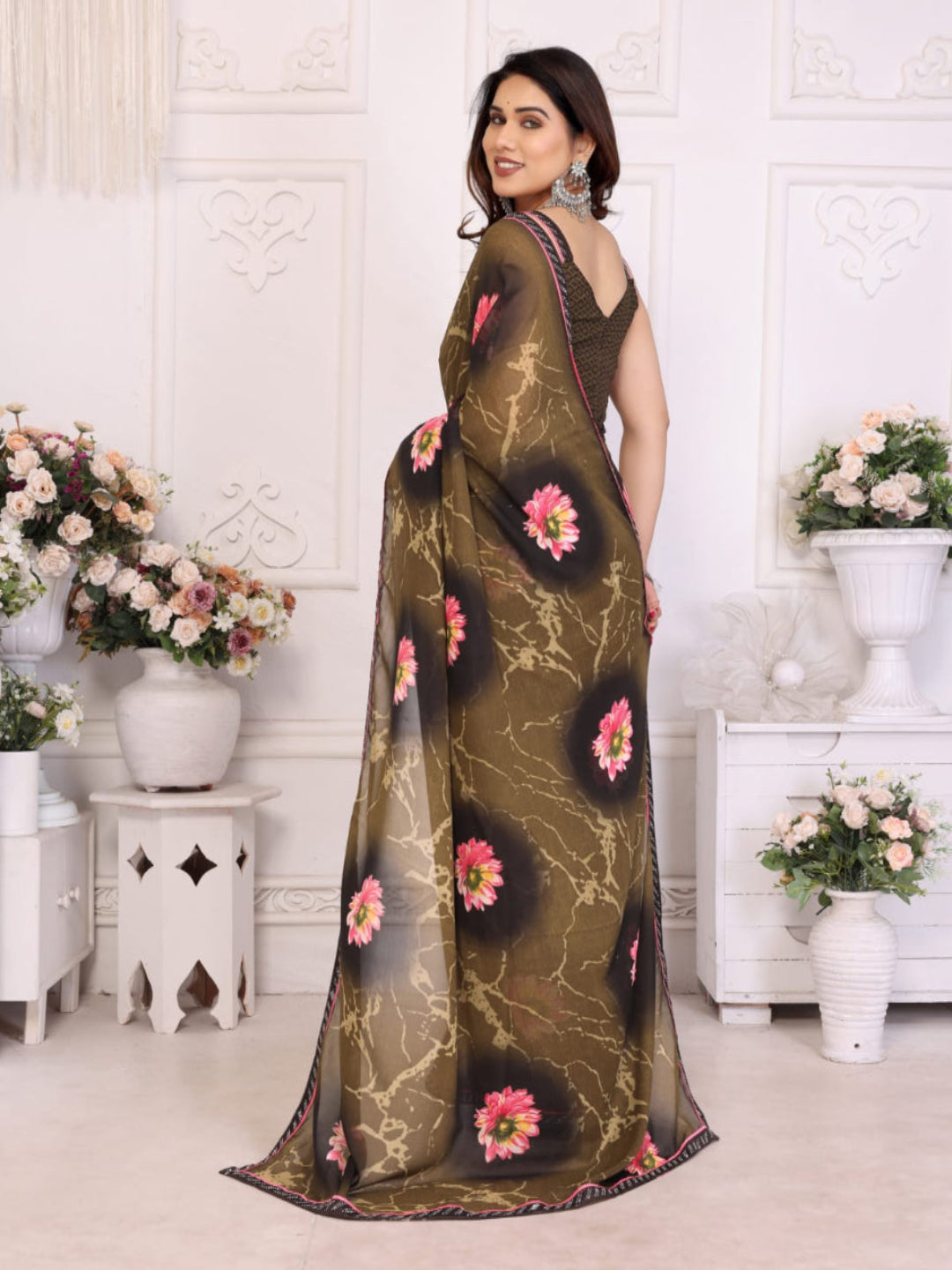 Elegant Olive Brown Floral Printed Saree with Pink Flower Design – Stylish Party & Casual Wear