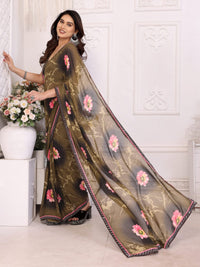 Elegant Olive Brown Floral Printed Saree with Pink Flower Design – Stylish Party & Casual Wear