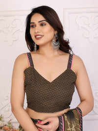 Elegant Olive Brown Floral Printed Saree with Pink Flower Design – Stylish Party & Casual Wear