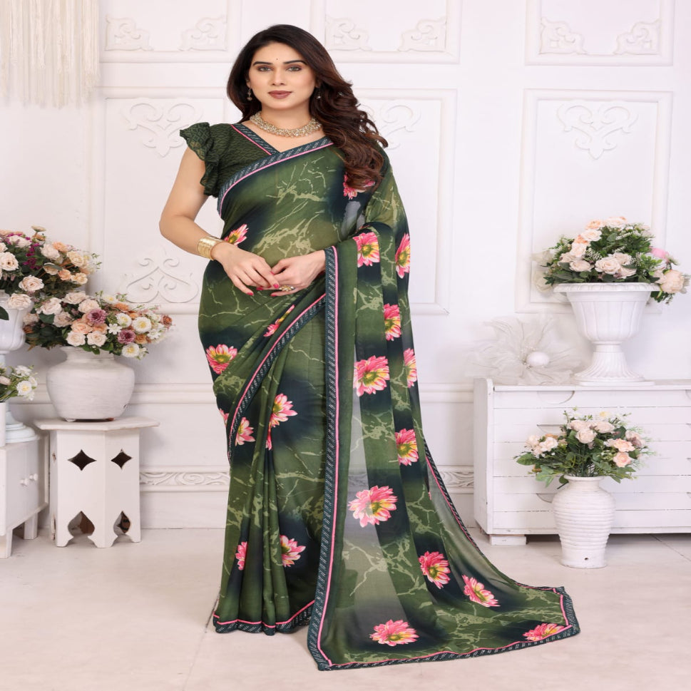 Elegant Olive Brown Floral Printed Saree with Pink Flower Design – Stylish Party & Casual Wear
