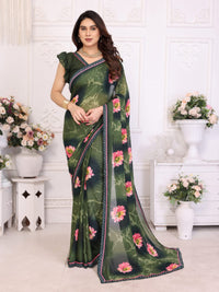 Elegant Olive Brown Floral Printed Saree with Pink Flower Design – Stylish Party & Casual Wear