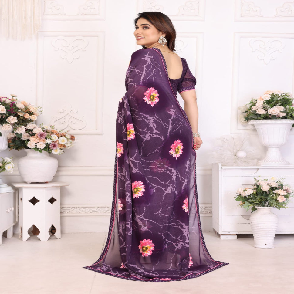 Elegant Olive Brown Floral Printed Saree with Pink Flower Design – Stylish Party & Casual Wear